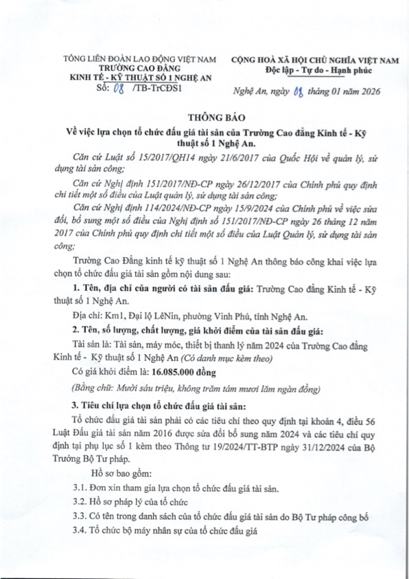 Thông báo về việc lựa chọn tổ chức đấu giá tài sản của trường Cao đẳng Kinh tế - Kỹ thuật số 1 Nghệ An